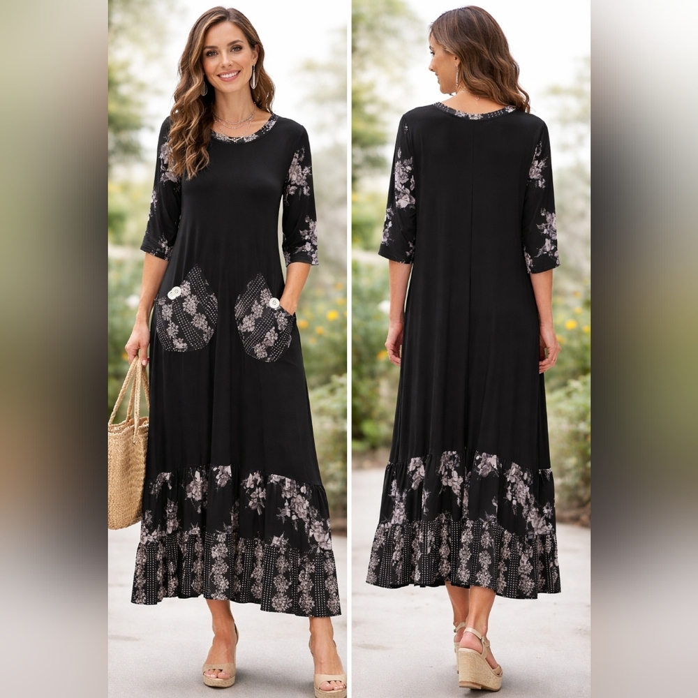 Sew Me Adorable Black Floral Maxi Dress Size M | Boho Pockets 3/4 Sleeve